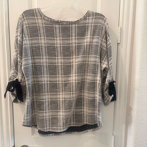 Charter Club Black and White Plaid Blouse with Tie Sleeves